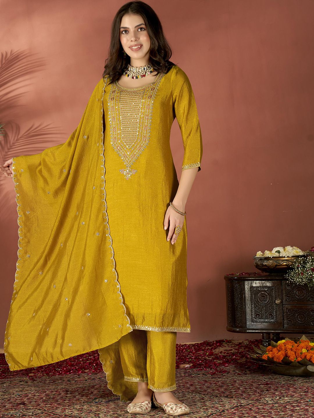Vegaa Fashion Mustard Vichitra Silk Embroidered Salwar Suit