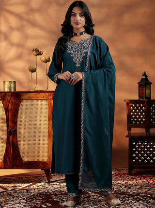 Vegaa Fashion Rama Mustard Vichitra Silk Embroidered Salwar Suit