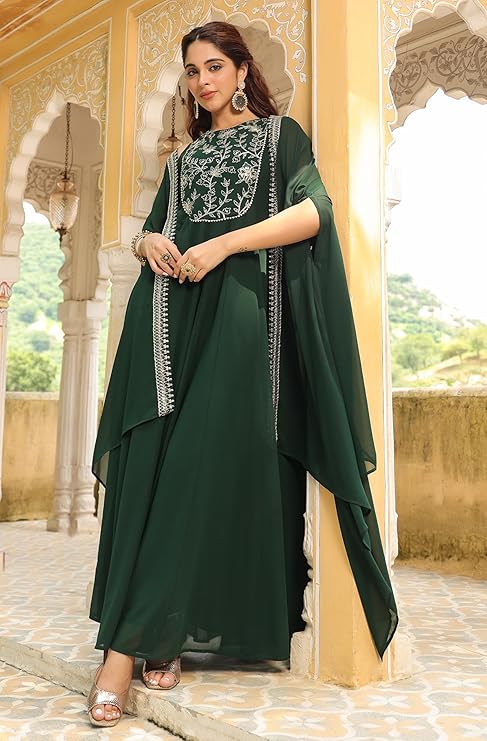 Vegaa Fashion Green Georgette Embroidered Anarkali Suit With Strug