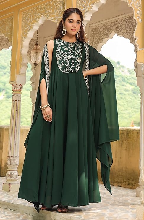 Vegaa Fashion Green Georgette Embroidered Anarkali Suit With Strug