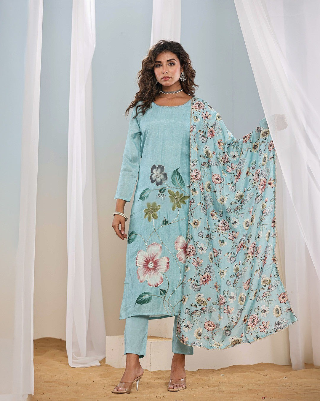Vegaa Fashion Sky Blue Franch Crab Printed Salwar Suit