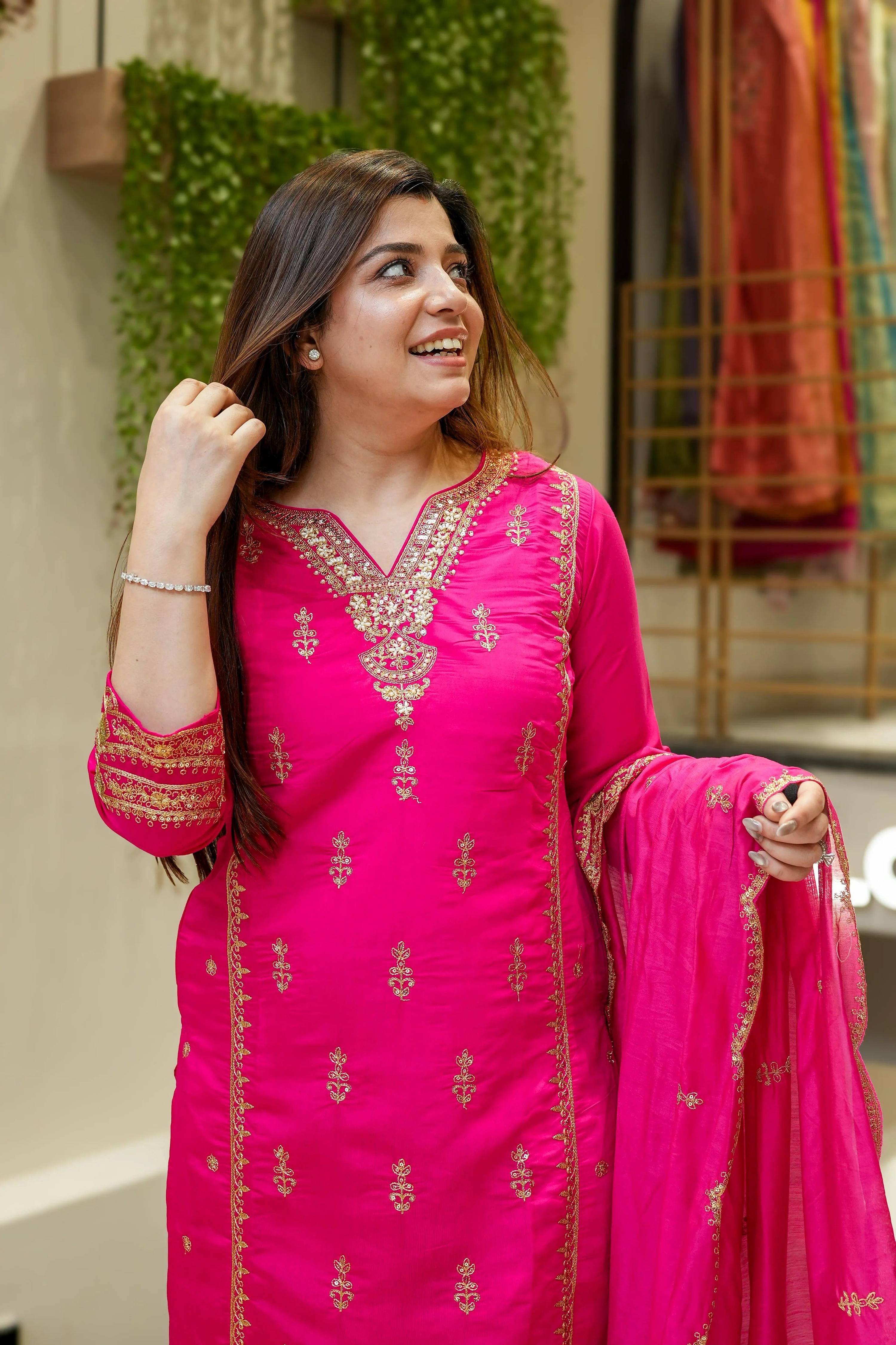 Vegaa Fashion Pink Chanderi Silk Embroidered Salwar Suit