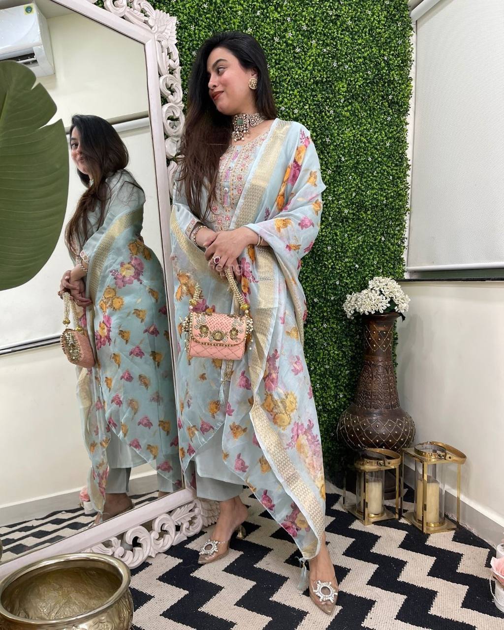 Vegaa Fashion Sky Blue Chanderi Silk Embroidered Salwar Suit