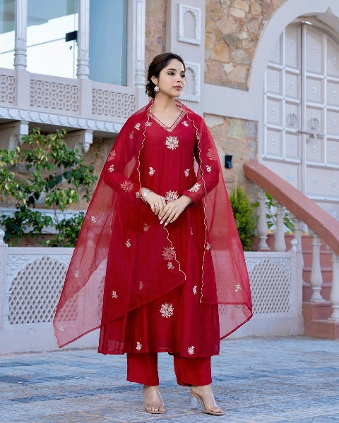 Vegaa Fashion Red Chanderi Silk Embroidered Salwar Suit