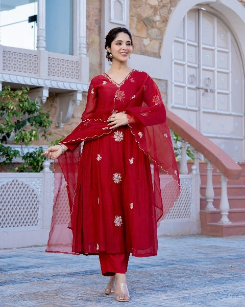 Vegaa Fashion Red Chanderi Silk Embroidered Salwar Suit