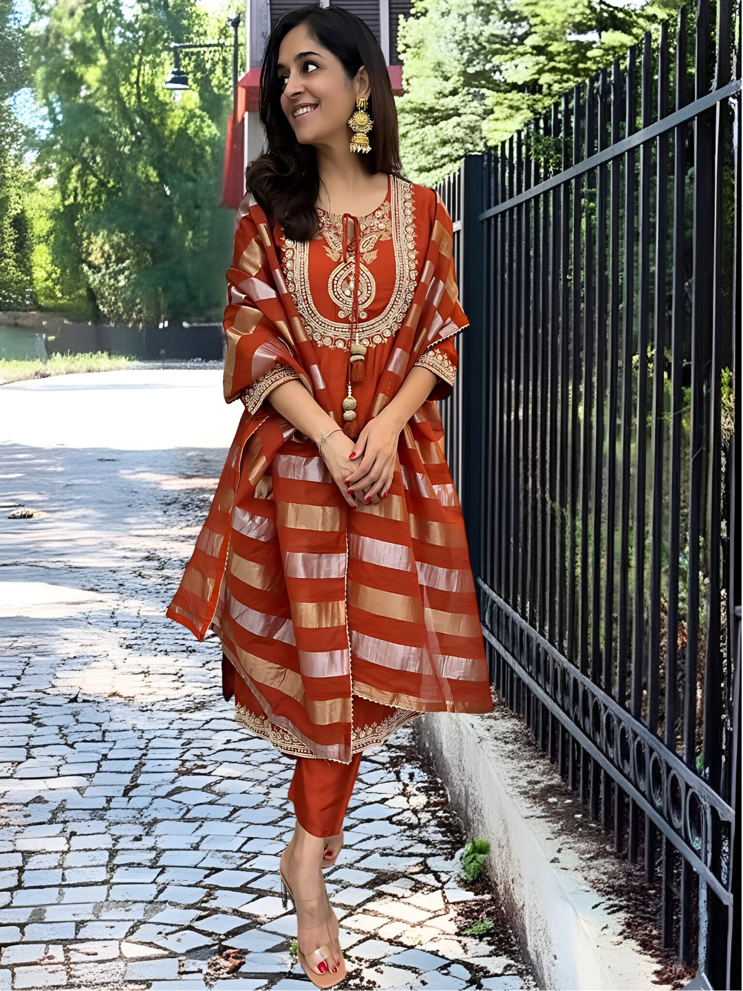 Vegaa Fashion Orange Chanderi Silk Embroidered Salwar Suit - Distacart