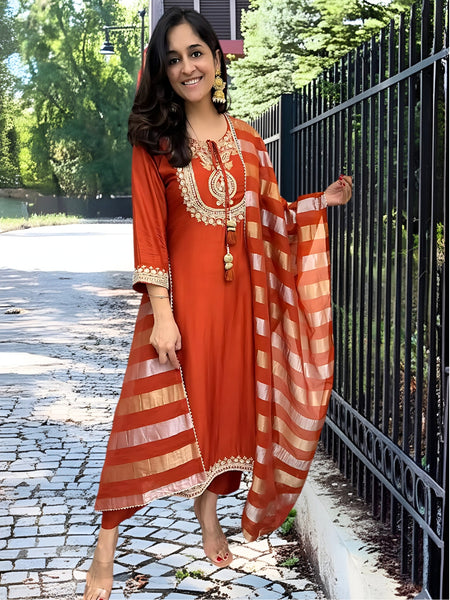 Vegaa Fashion Orange Chanderi Silk Embroidered Salwar Suit