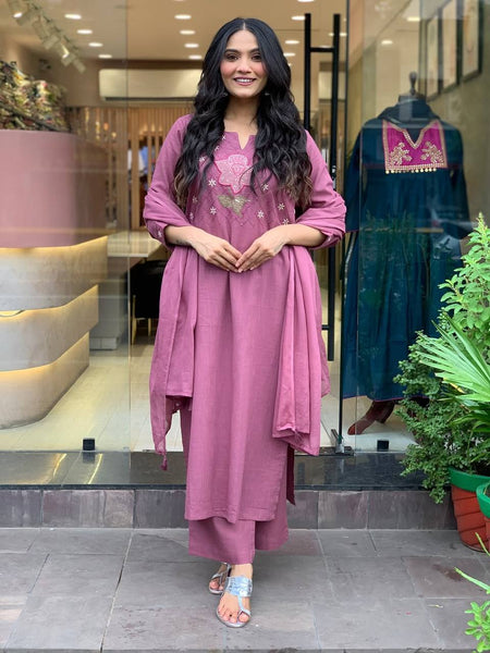 Vegaa Fashion Onion Pink Cotton Embroidered Salwar Suit
