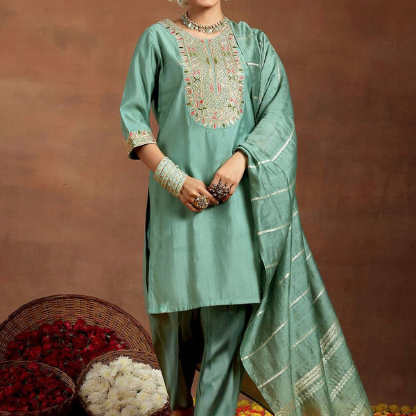 Vegaa Fashion Bottel Green Chanderi Silk Embroidered Salwar Suit