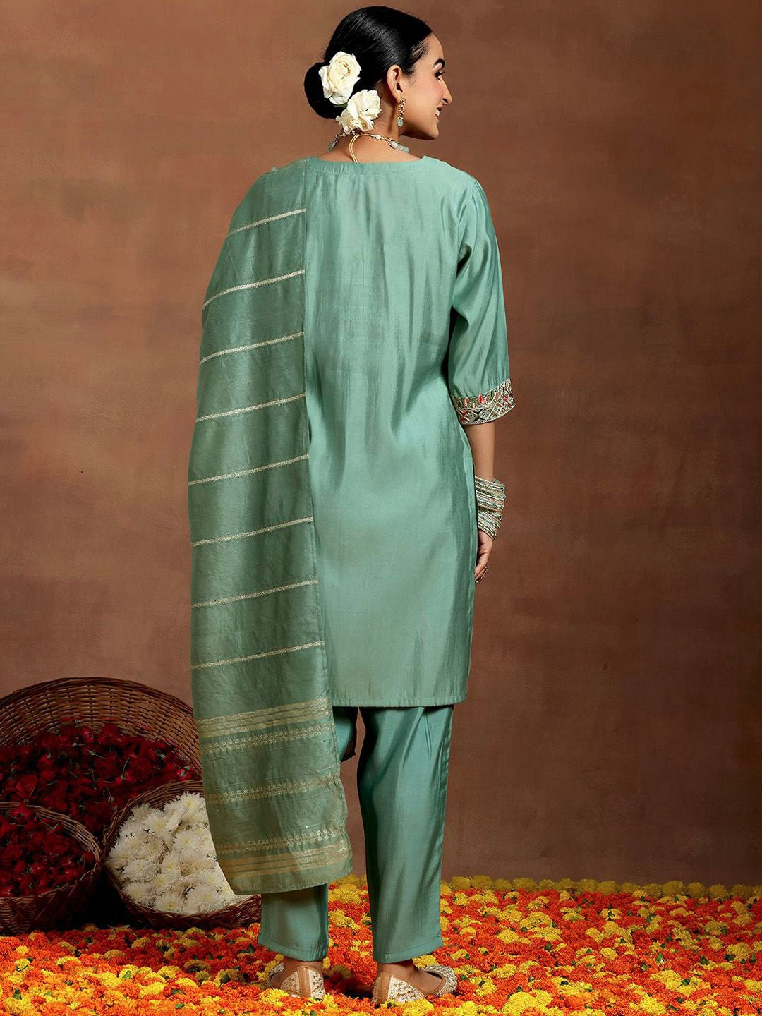 Vegaa Fashion Bottel Green Chanderi Silk Embroidered Salwar Suit