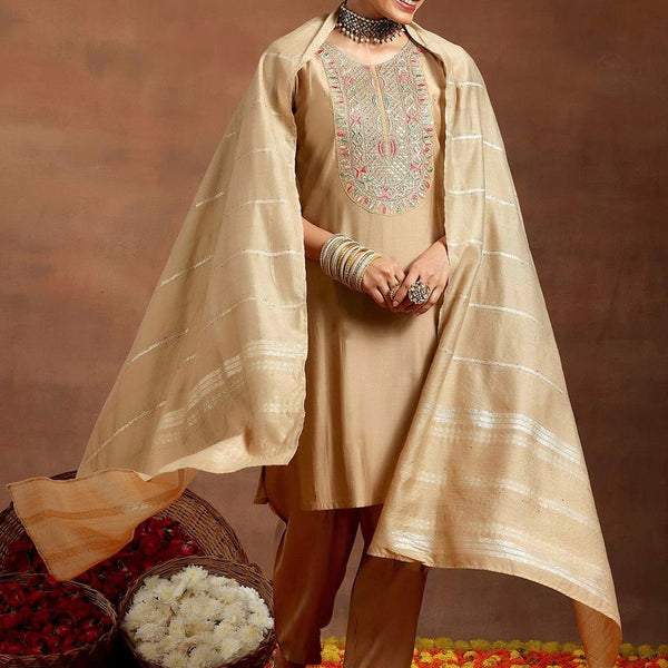Vegaa Fashion Cream Chanderi Silk Embroidered Salwar Suit - Distacart