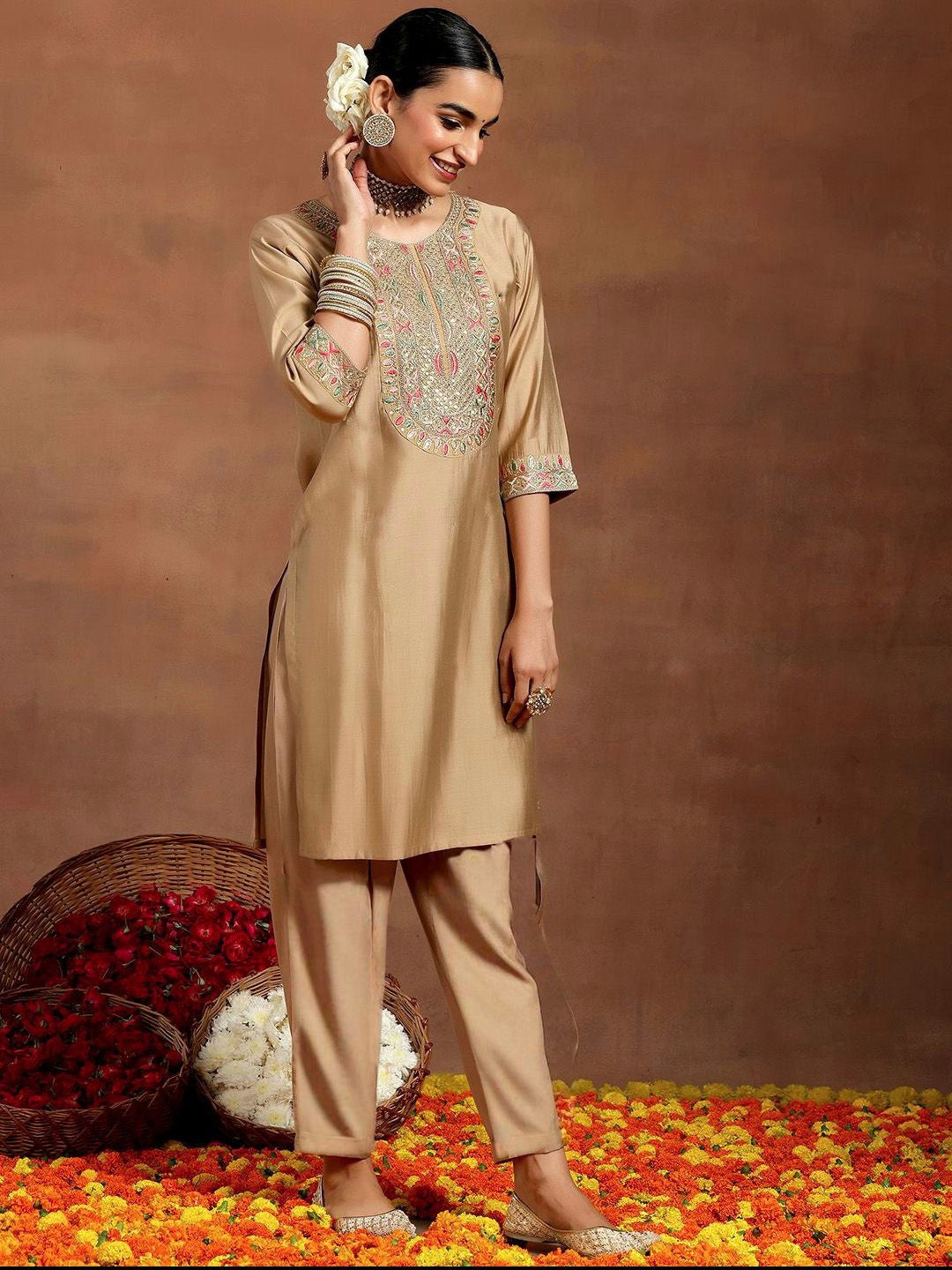 Vegaa Fashion Cream Chanderi Silk Embroidered Salwar Suit