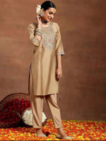 Thumbnail for Vegaa Fashion Cream Chanderi Silk Embroidered Salwar Suit