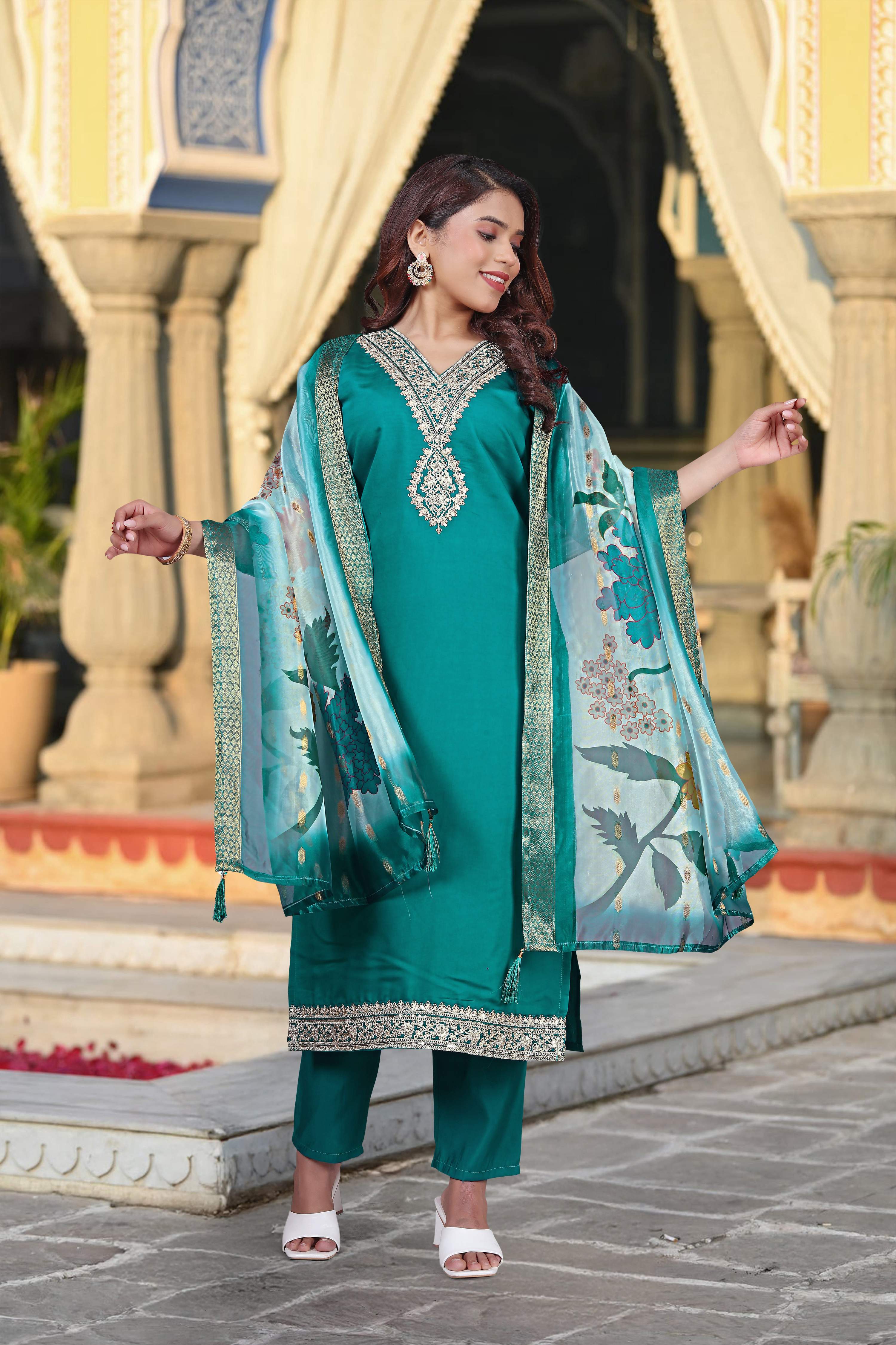 Vegaa Fashion Turqiouse Chanderi Silk Embroidered Salwar Suit