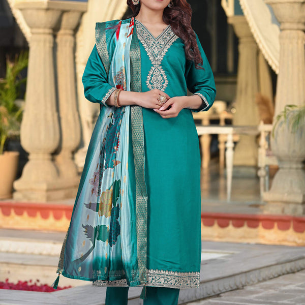 Vegaa Fashion Turqiouse Chanderi Silk Embroidered Salwar Suit - Distacart