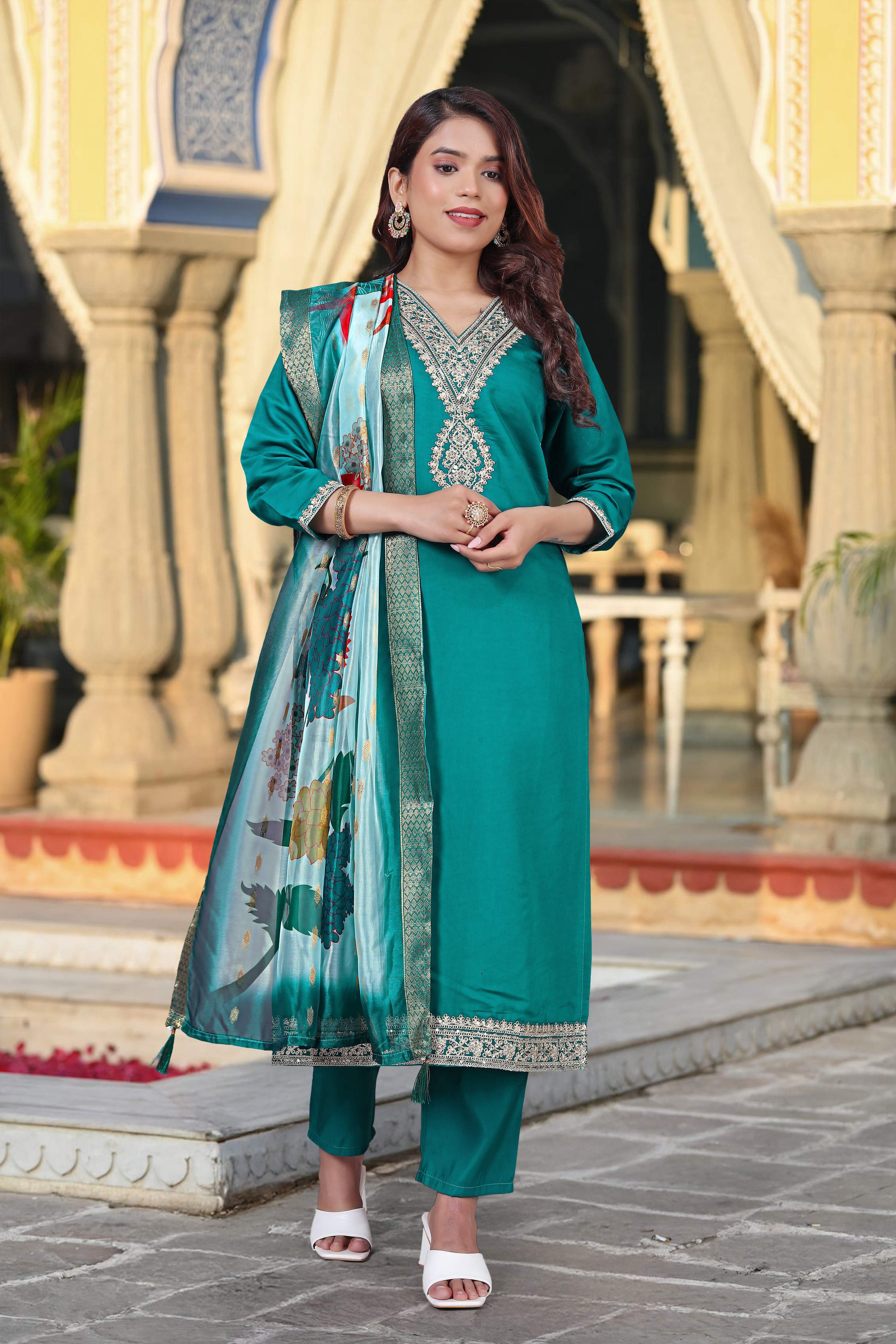 Vegaa Fashion Turqiouse Chanderi Silk Embroidered Salwar Suit - Distacart
