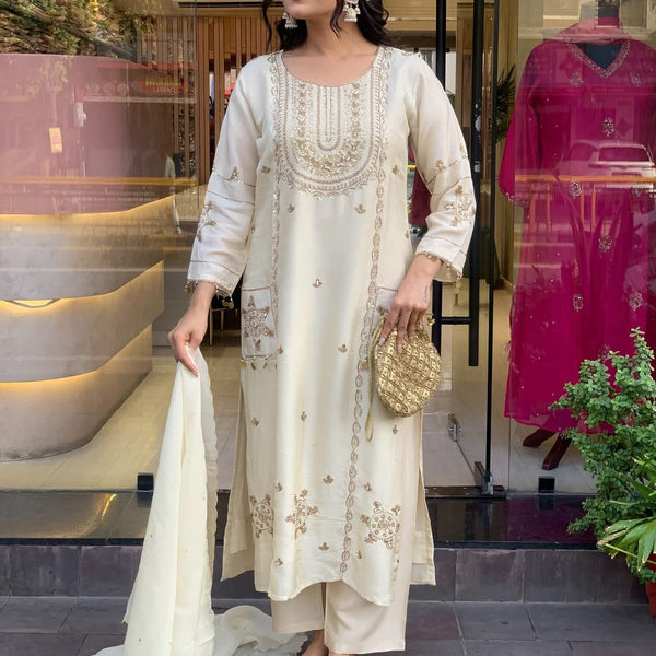 Vegaa Fashion Off White Art Silk Embroidered Salwar Suit - Distacart