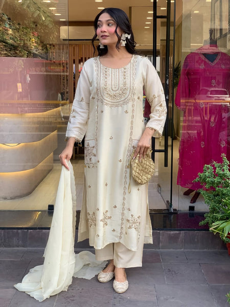Vegaa Fashion Off White Art Silk Embroidered Salwar Suit