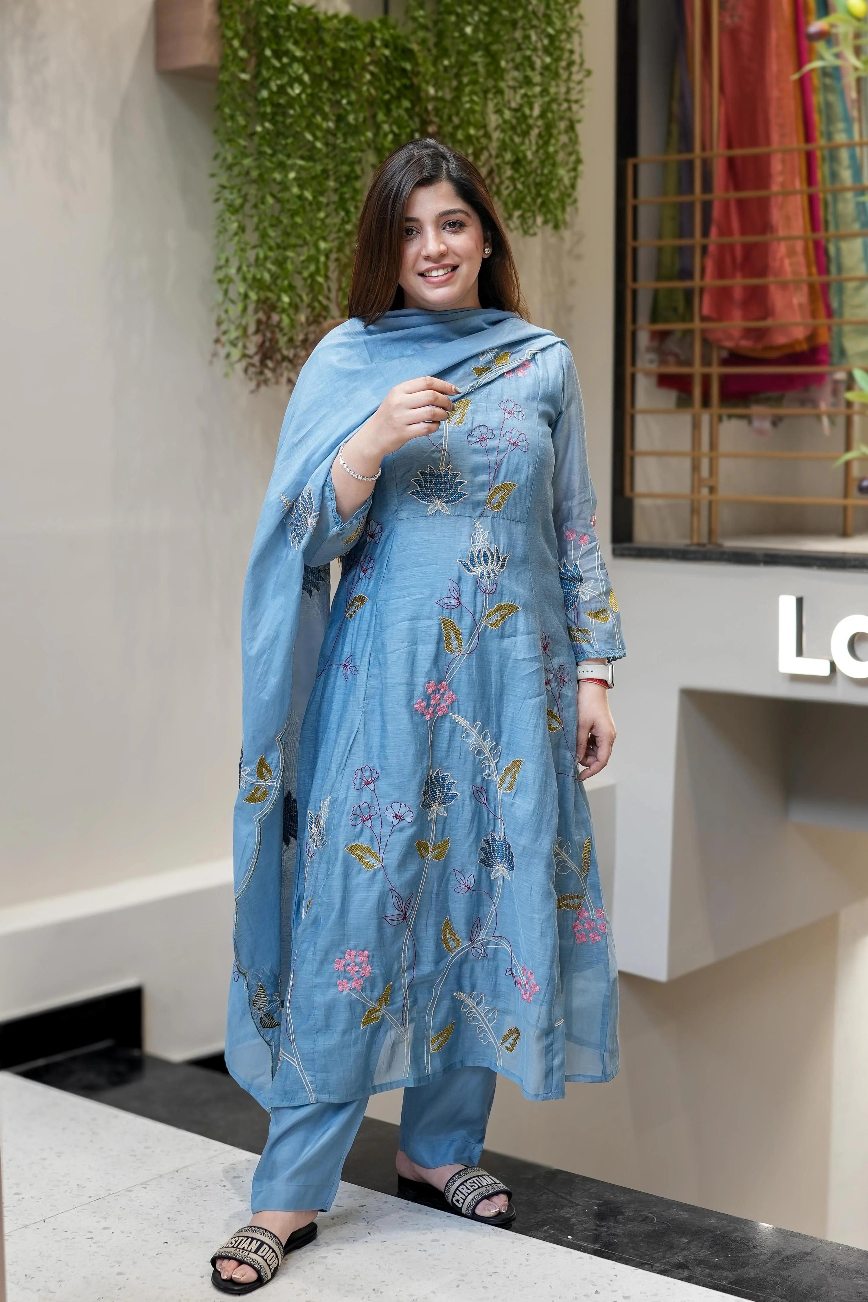 Vegaa Fashion Light Blue Viscose Chanderi Embroidered Salwar Suit