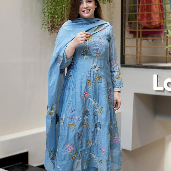 Vegaa Fashion Light Blue Viscose Chanderi Embroidered Salwar Suit - Distacart