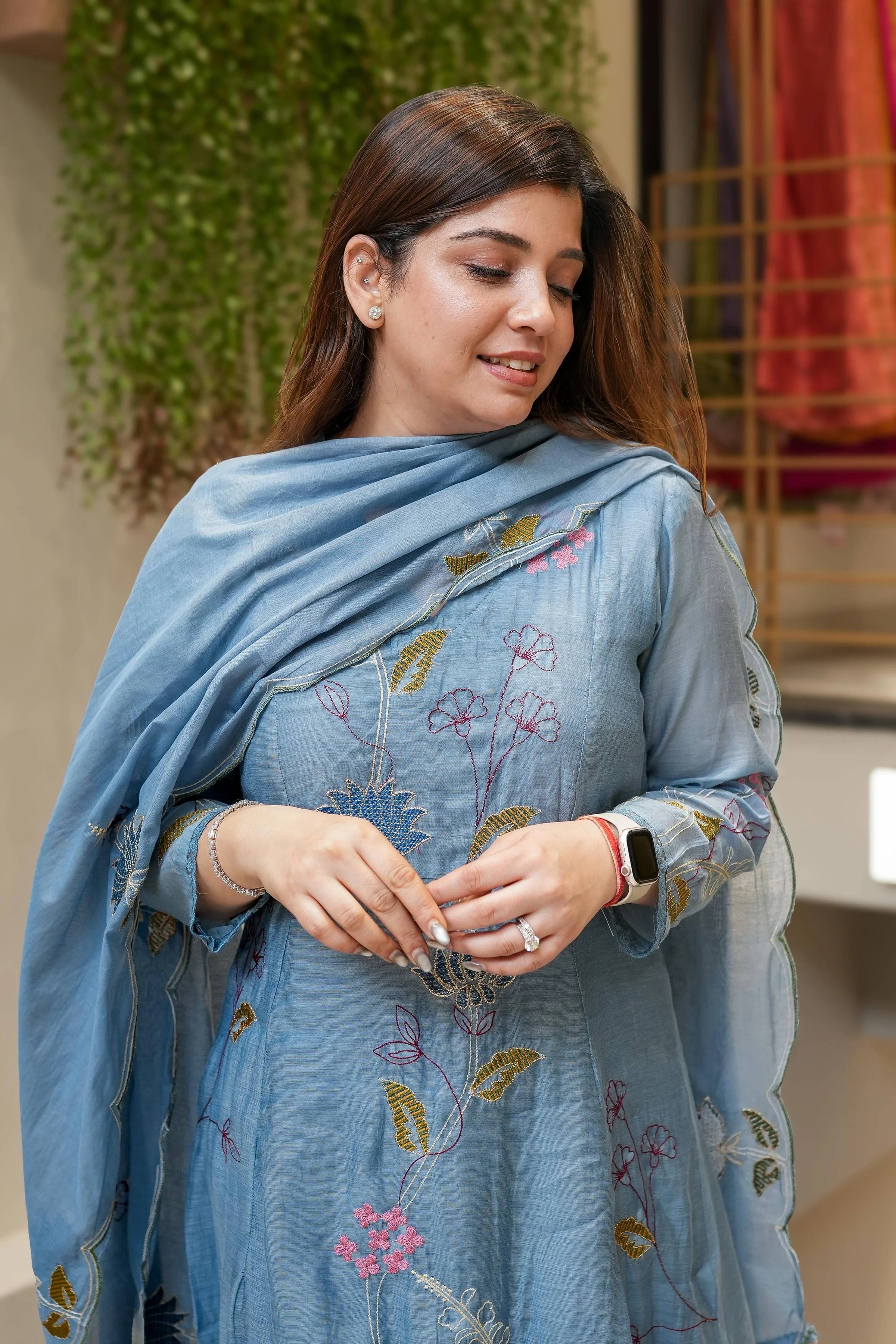 Vegaa Fashion Light Blue Viscose Chanderi Embroidered Salwar Suit