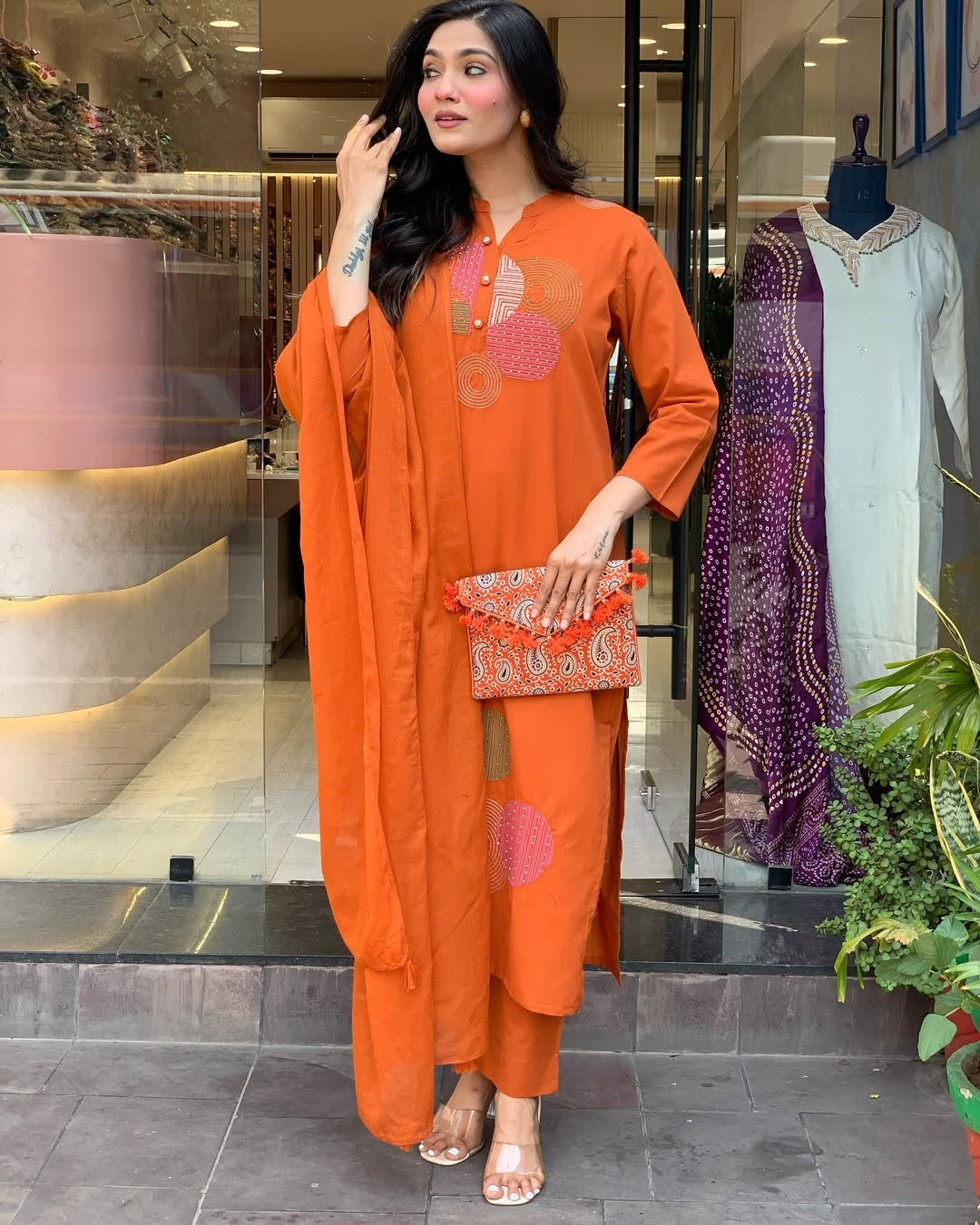 Vegaa Fashion Orange Reyon Embroidered Salwar Suit
