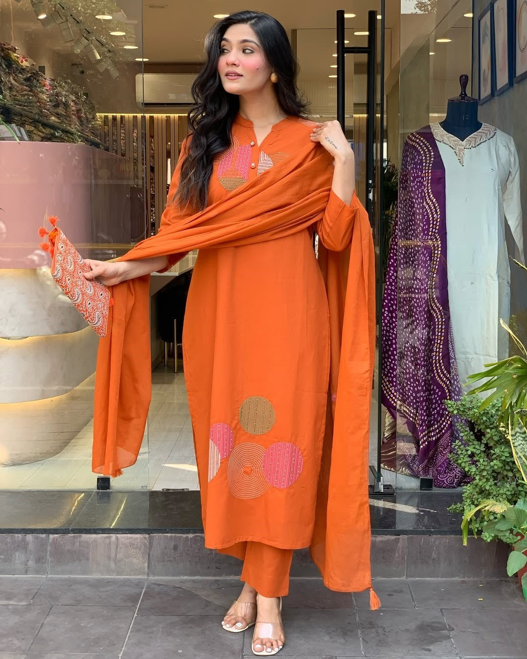 Vegaa Fashion Orange Reyon Embroidered Salwar Suit