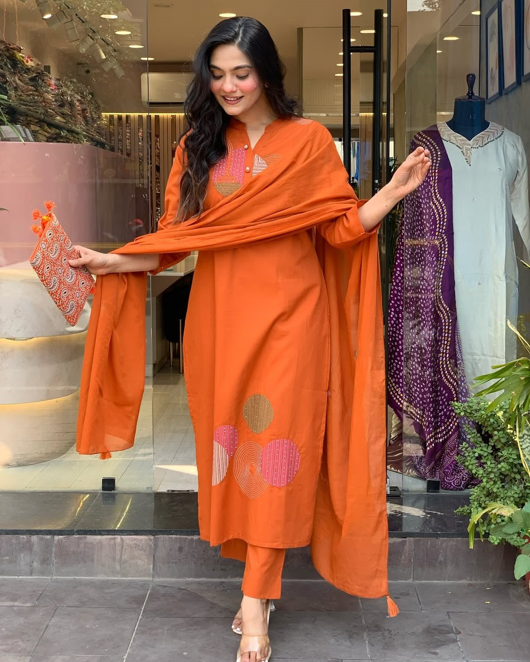 Vegaa Fashion Orange Reyon Embroidered Salwar Suit