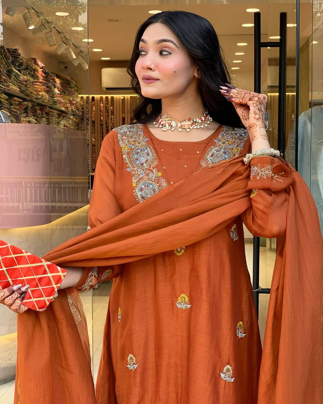 Vegaa Fashion Orange Vichitra Silk Embroidered Salwar Suit