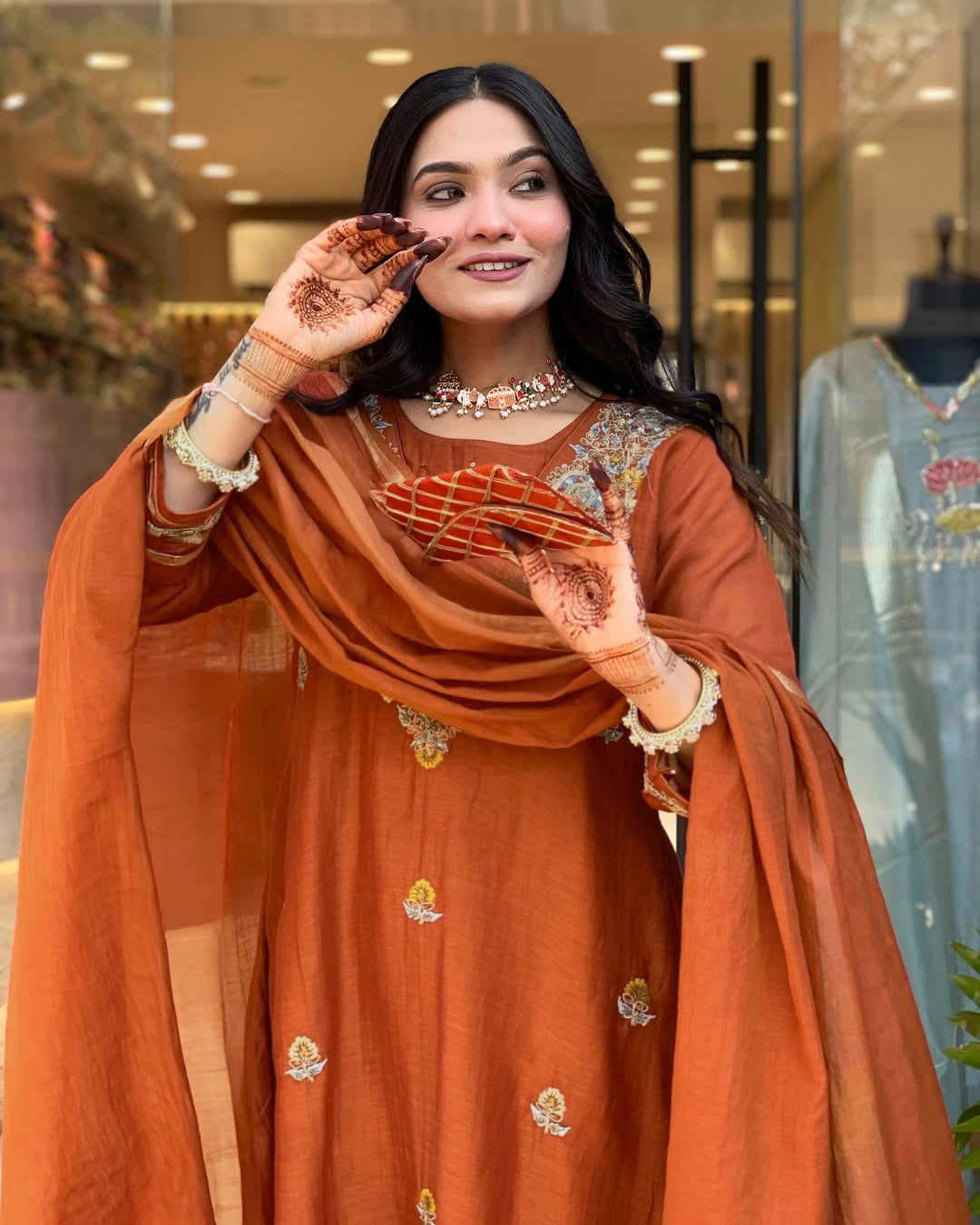 Vegaa Fashion Orange Vichitra Silk Embroidered Salwar Suit