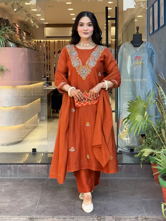 Vegaa Fashion Orange Vichitra Silk Embroidered Salwar Suit