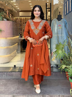 Thumbnail for Vegaa Fashion Orange Vichitra Silk Embroidered Salwar Suit
