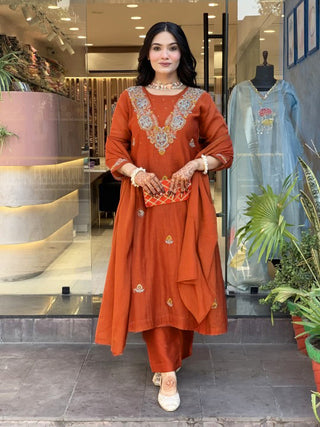 Vegaa Fashion Orange Vichitra Silk Embroidered Salwar Suit