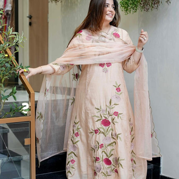 Vegaa Fashion Light Peach Chanderi Silk Embroidered Salwar Suit - Distacart
