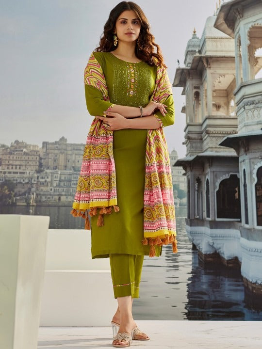 Vegaa Fashion Mahendi Muslin Cotton Embroidered Salwar Suit