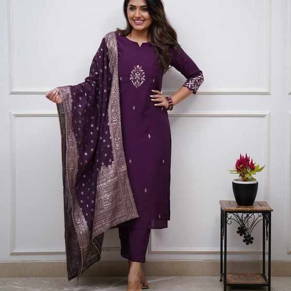 Vegaa Fashion Purple Chanderi Silk Embroidered Salwar Suit - Distacart