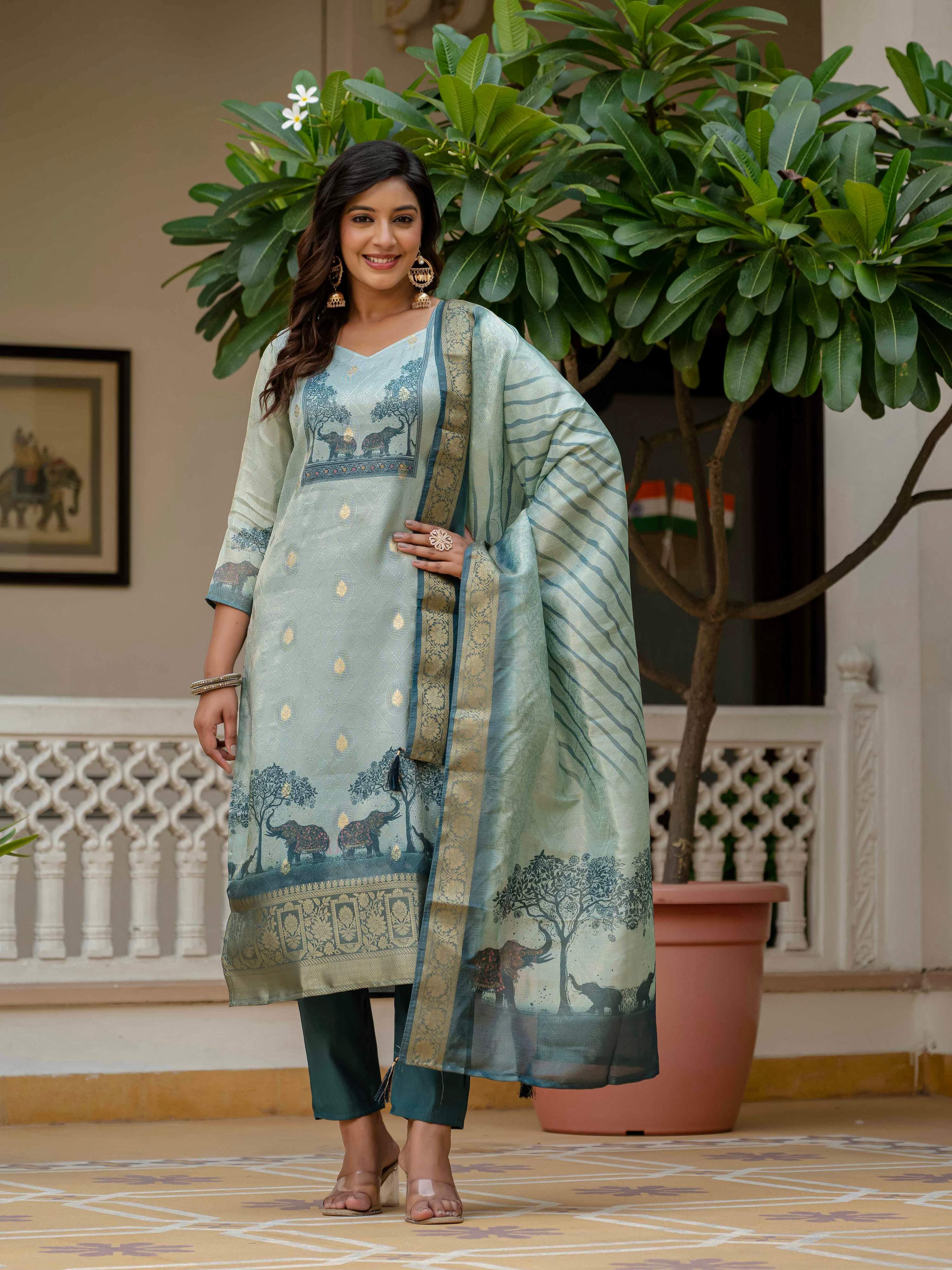 Vegaa Fashion Pista Green Jacquard Silk Printed Salwar Suit