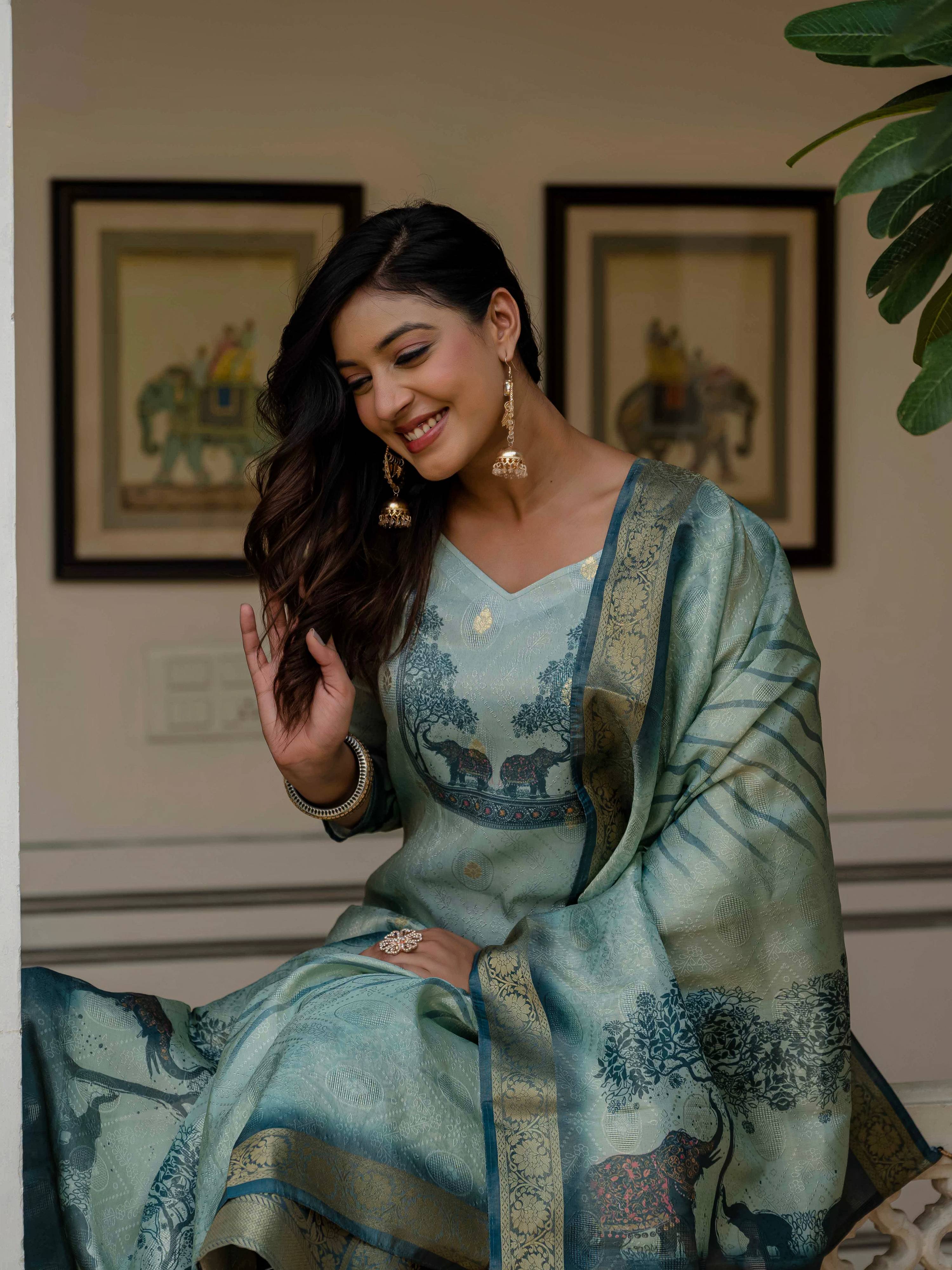 Vegaa Fashion Pista Green Jacquard Silk Printed Salwar Suit