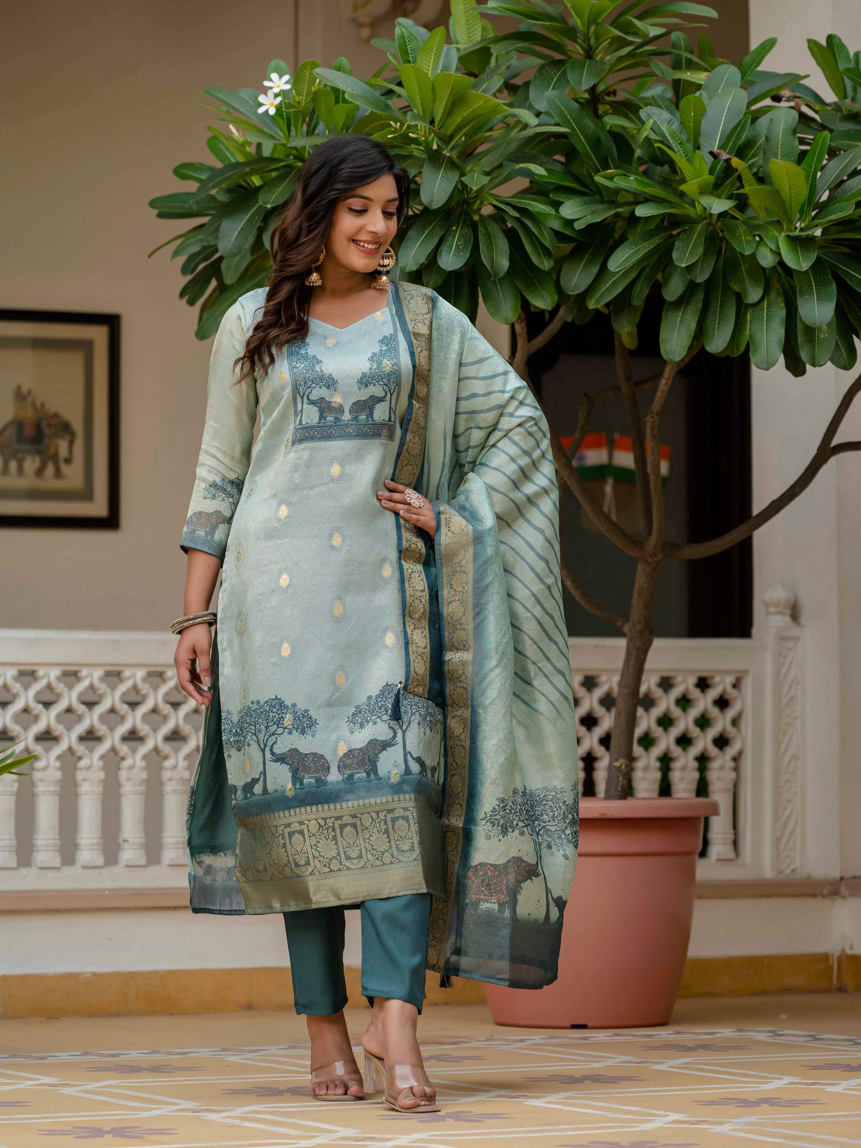 Vegaa Fashion Pista Green Jacquard Silk Printed Salwar Suit
