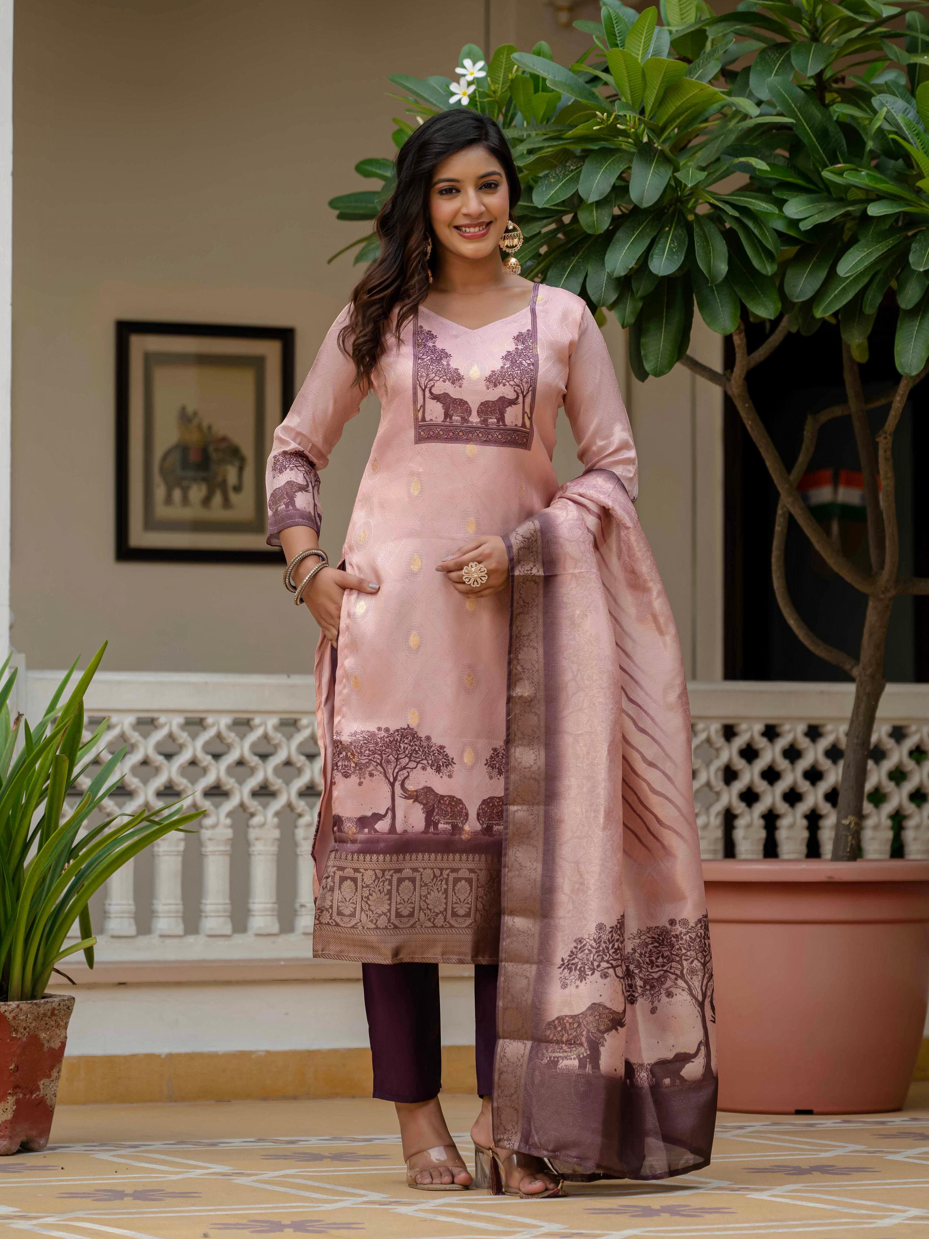 Vegaa Fashion Light Peach Jacquard Silk Printed Salwar Suit
