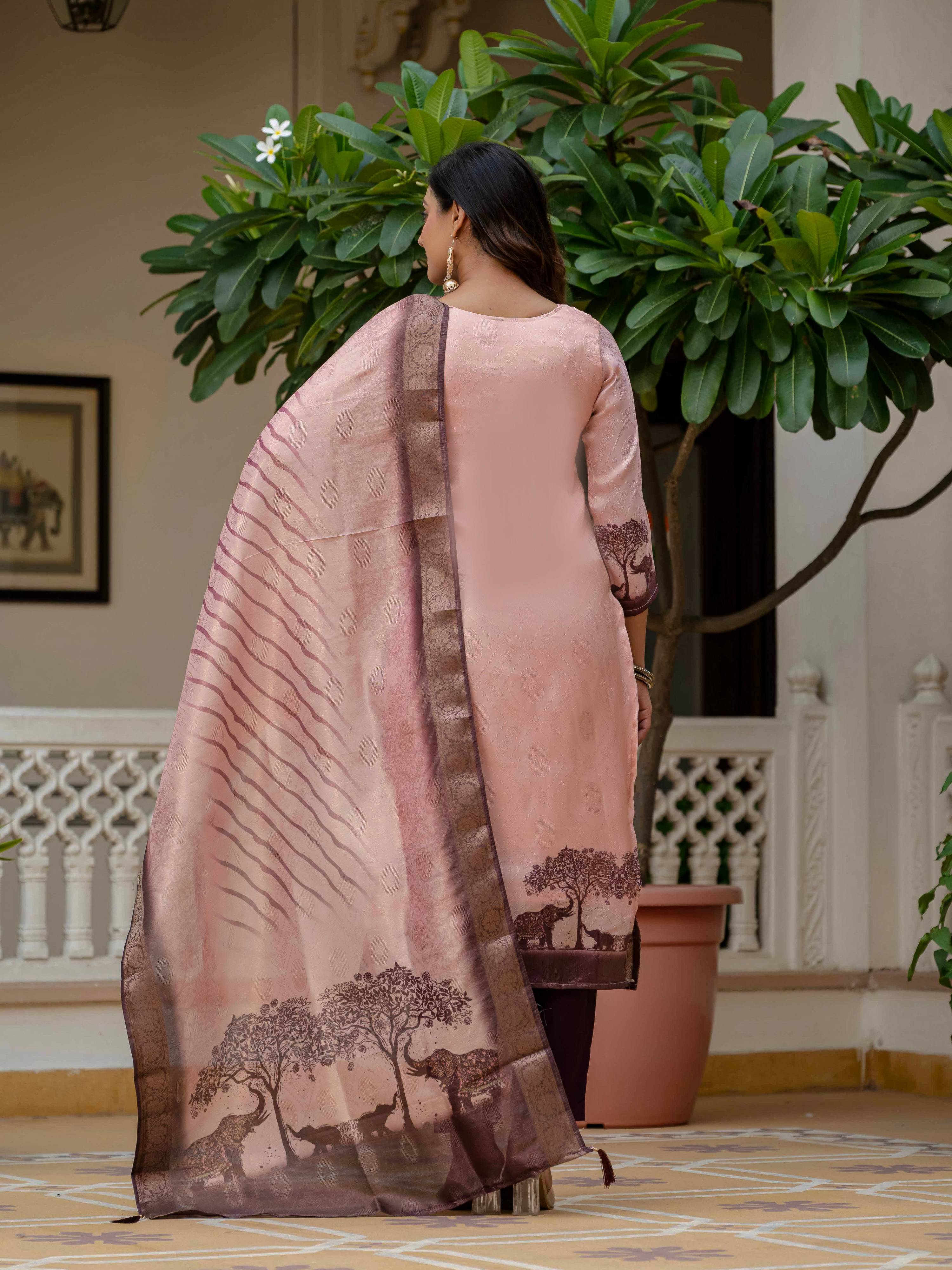 Vegaa Fashion Light Peach Jacquard Silk Printed Salwar Suit