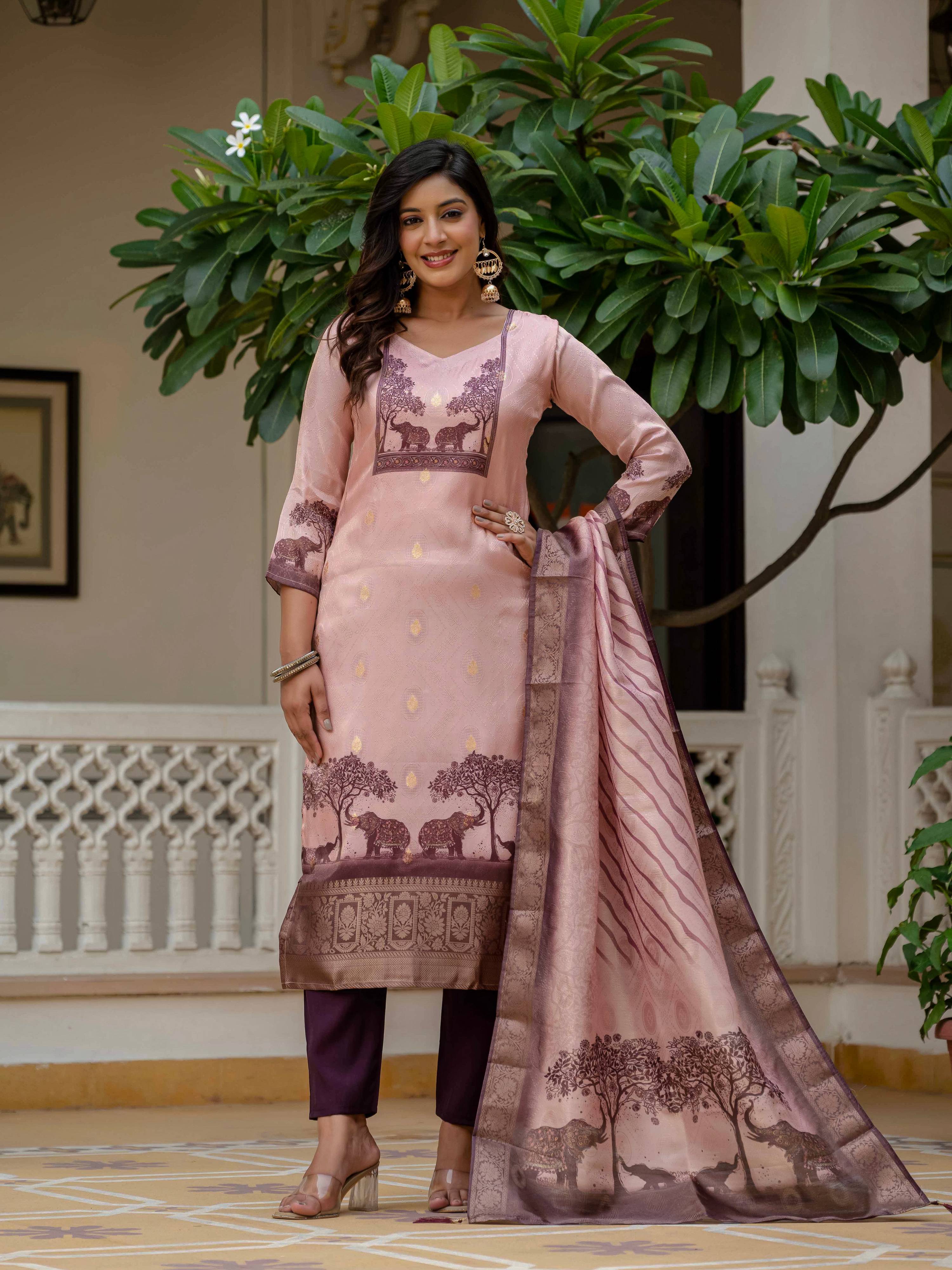 Vegaa Fashion Light Peach Jacquard Silk Printed Salwar Suit
