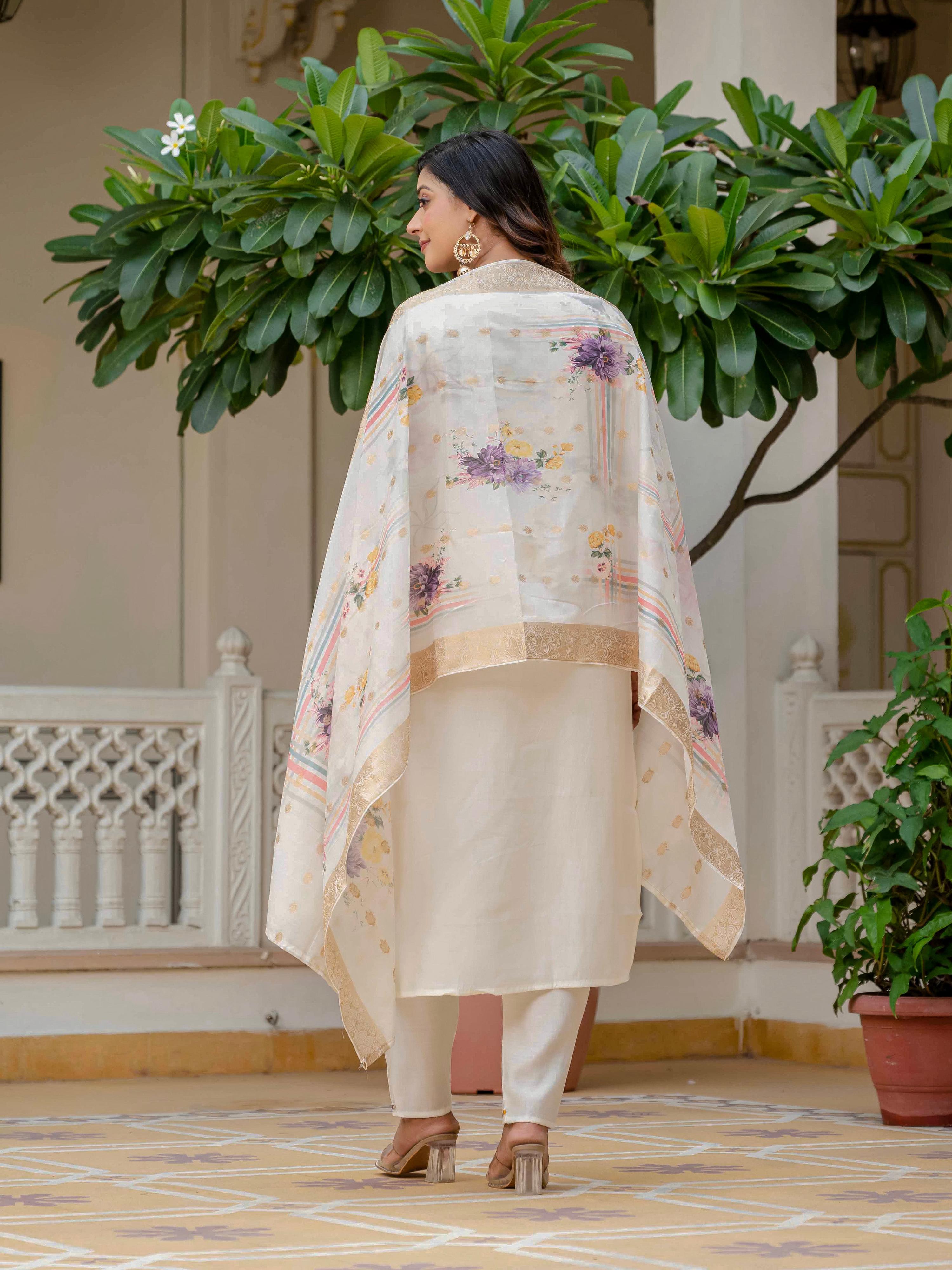 Vegaa Fashion Off White Roman Silk Embroidered Salwar Suit