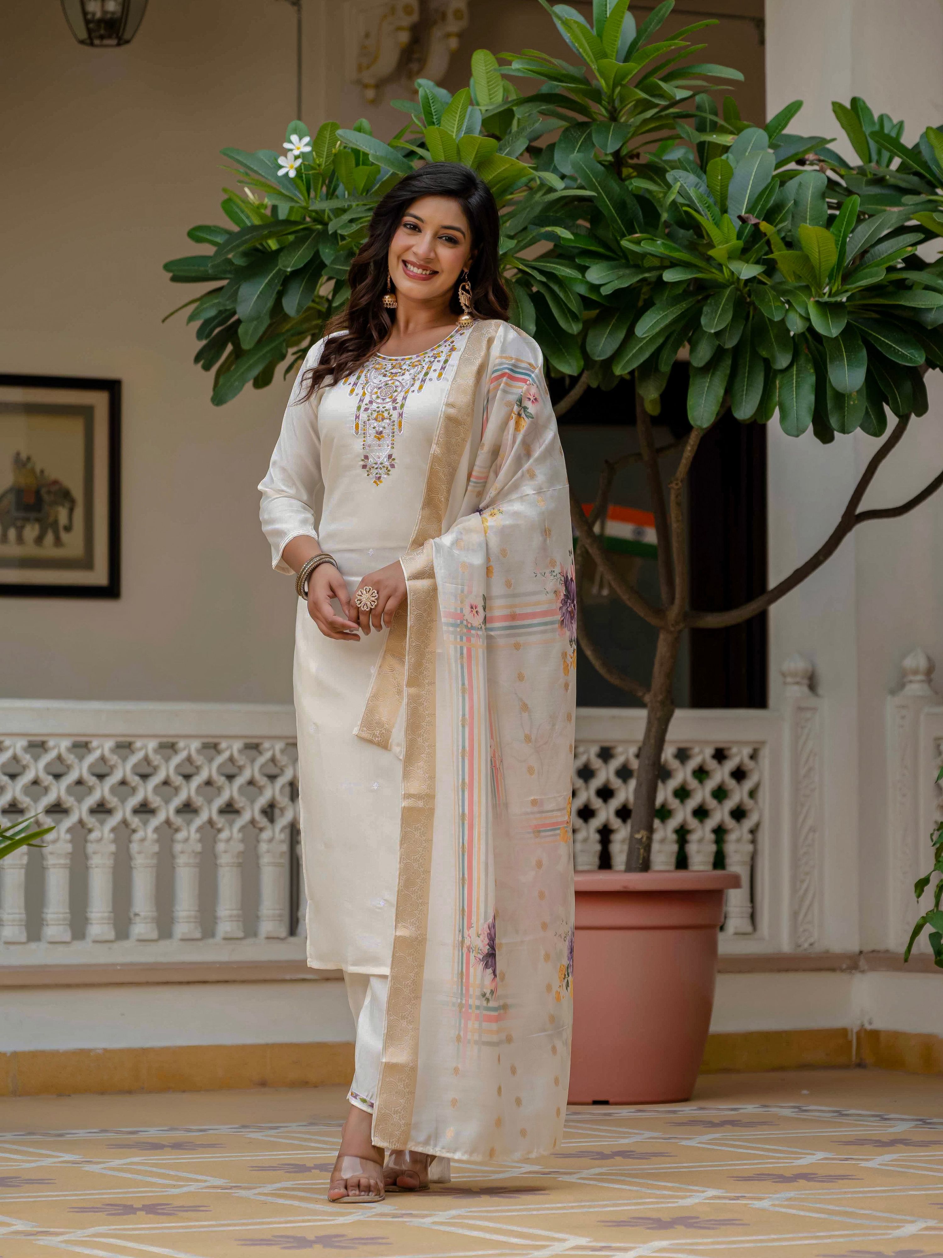 Vegaa Fashion Off White Roman Silk Embroidered Salwar Suit