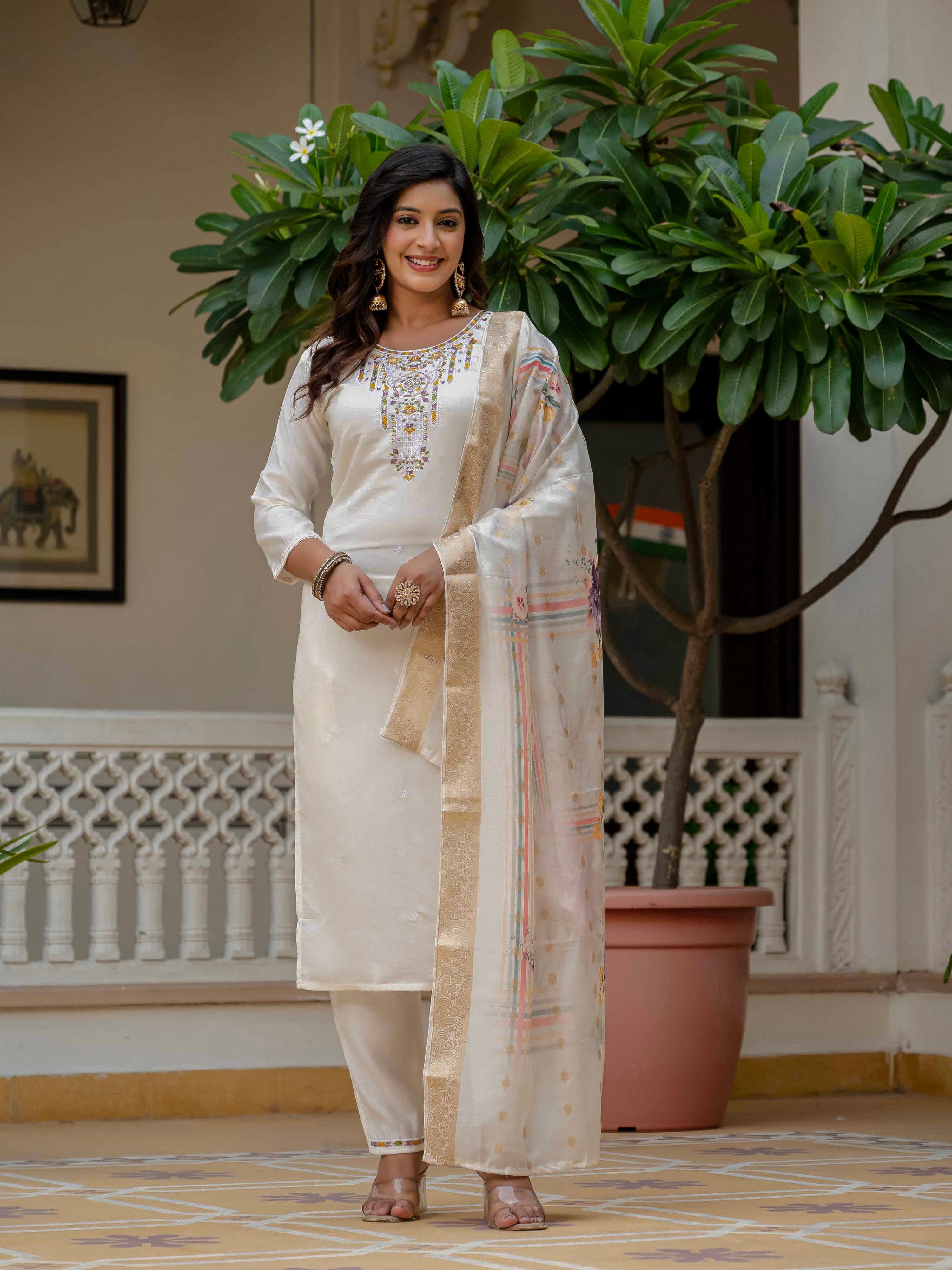 Vegaa Fashion Off White Roman Silk Embroidered Salwar Suit