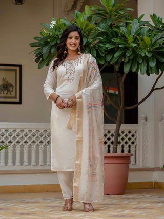 Vegaa Fashion Off White Roman Silk Embroidered Salwar Suit