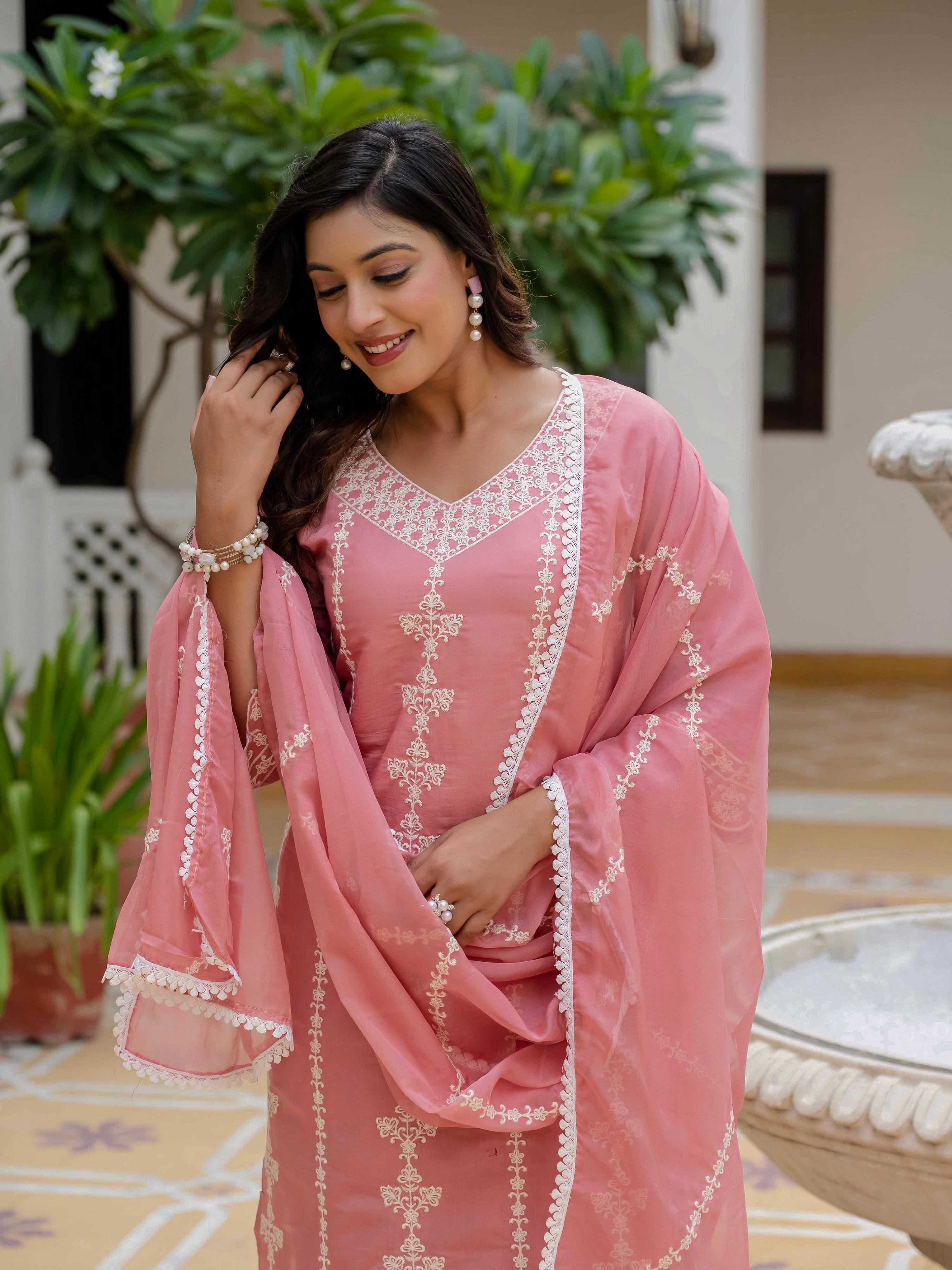 Vegaa Fashion Light Pink Roman Silk Embroidered Salwar Suit