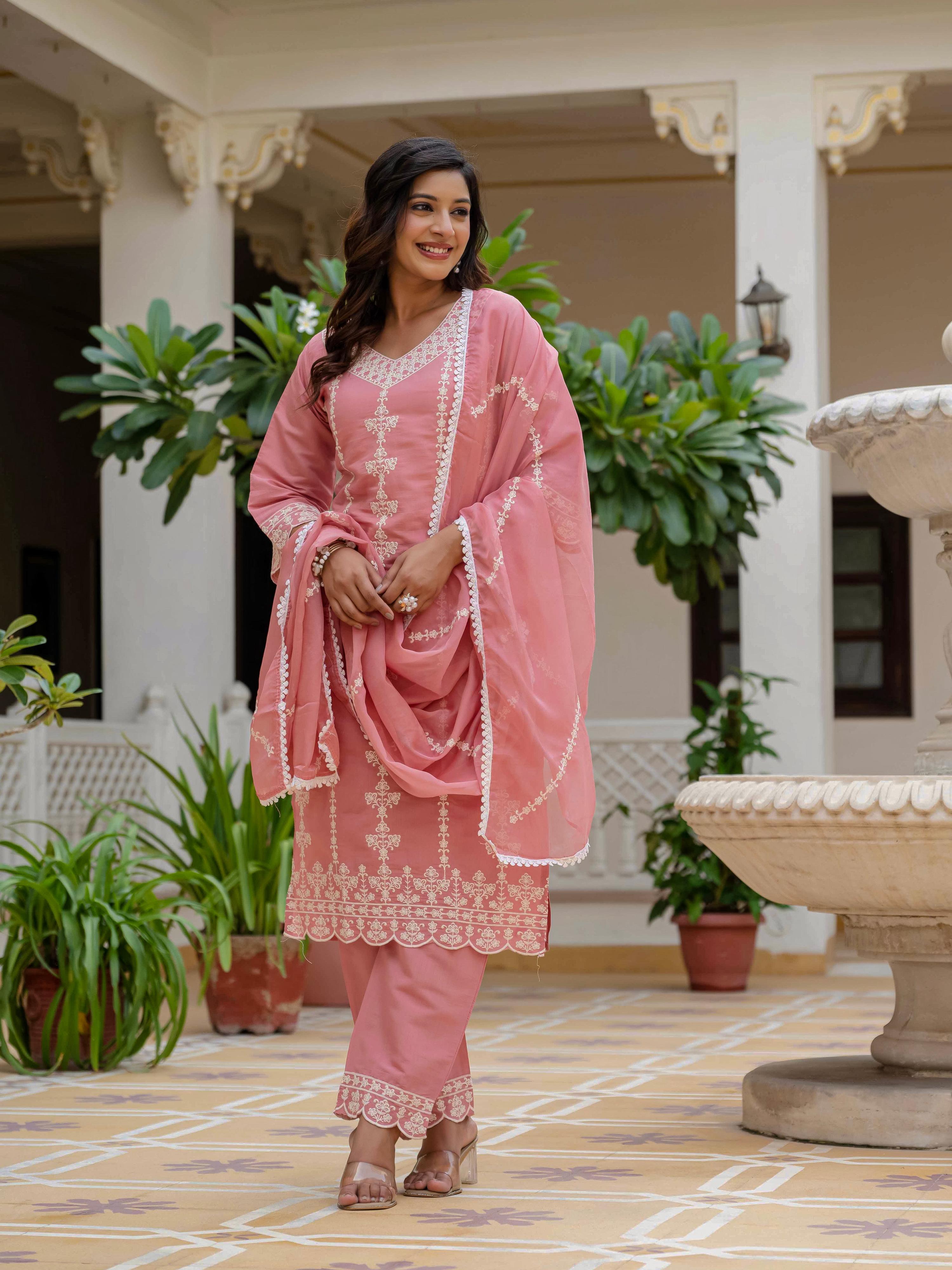 Vegaa Fashion Light Pink Roman Silk Embroidered Salwar Suit