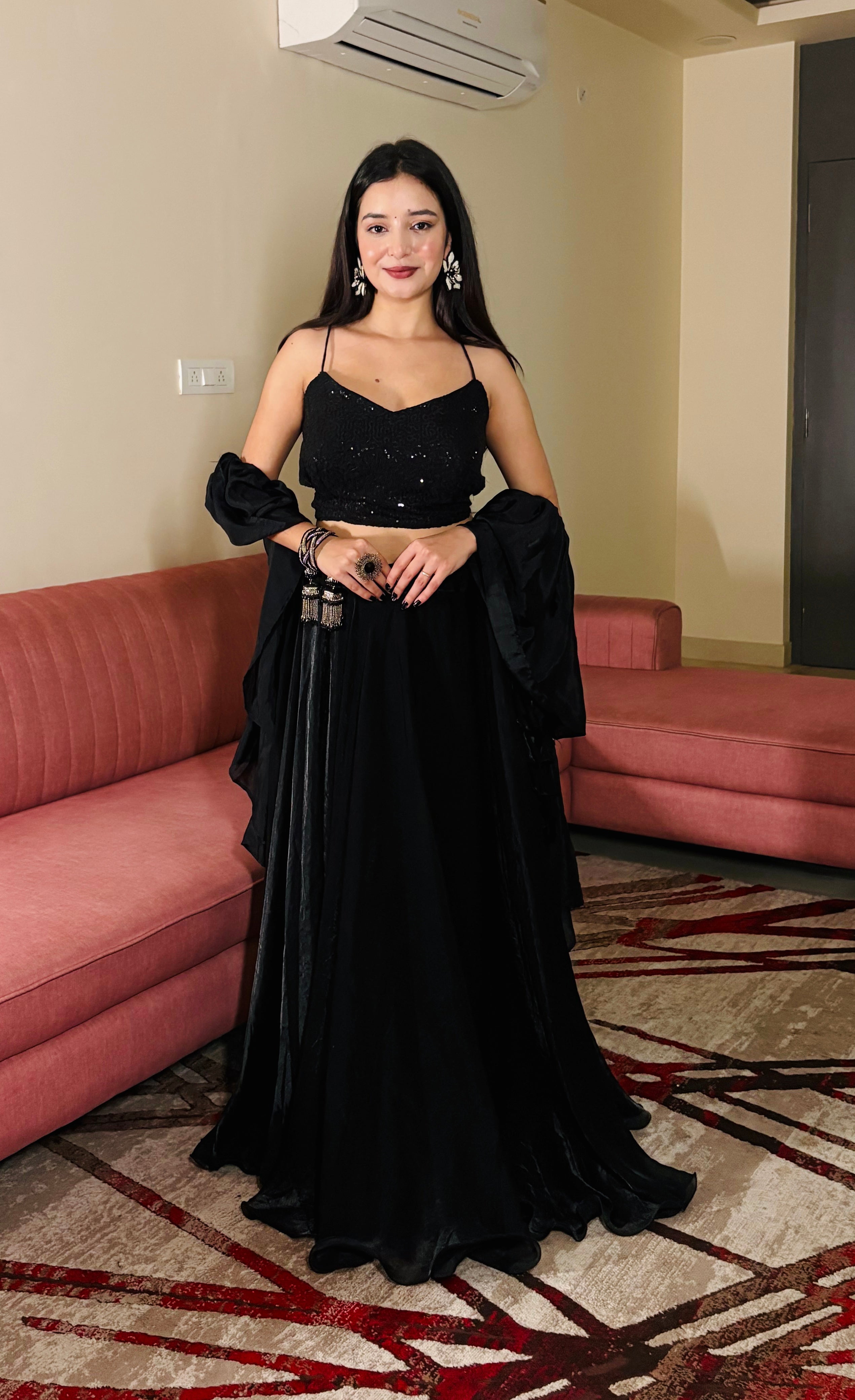 Lorenvalley Fashion Black Fendy Satin crush with Plain Lehenga Choli with Dupatta