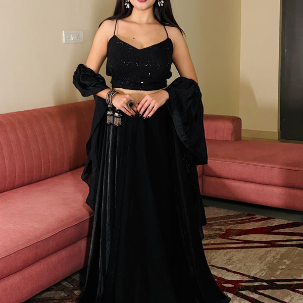 Lorenvalley Fashion Black Fendy Satin crush with Plain Lehenga Choli with Dupatta - Distacart
